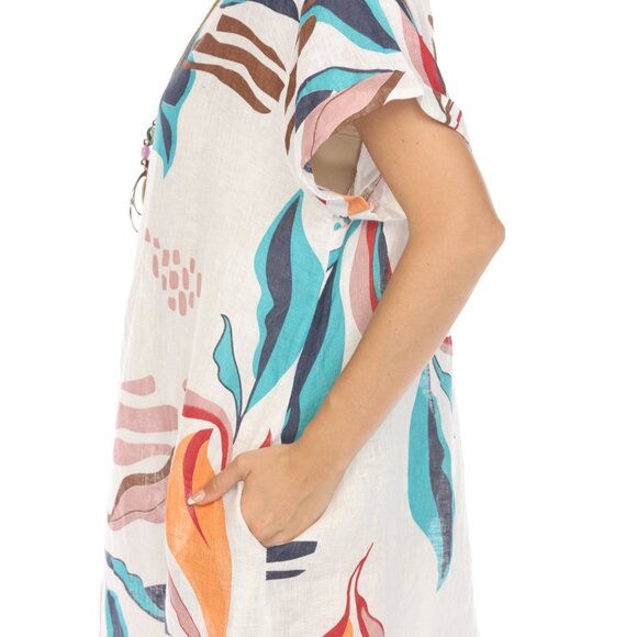 White Leaf Print Side Button Dress - Picture 5 of 5